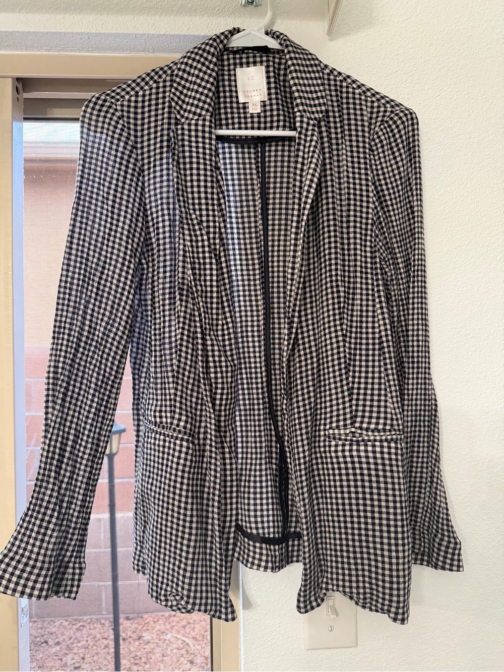 LC Lauren Conrad Navy and White Gingham Open Blazer